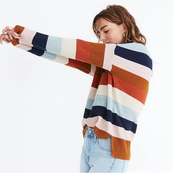 Madewell Thompson Pocket Crewneck Sweater in Rainbow Stripe - Picture 2 of 10